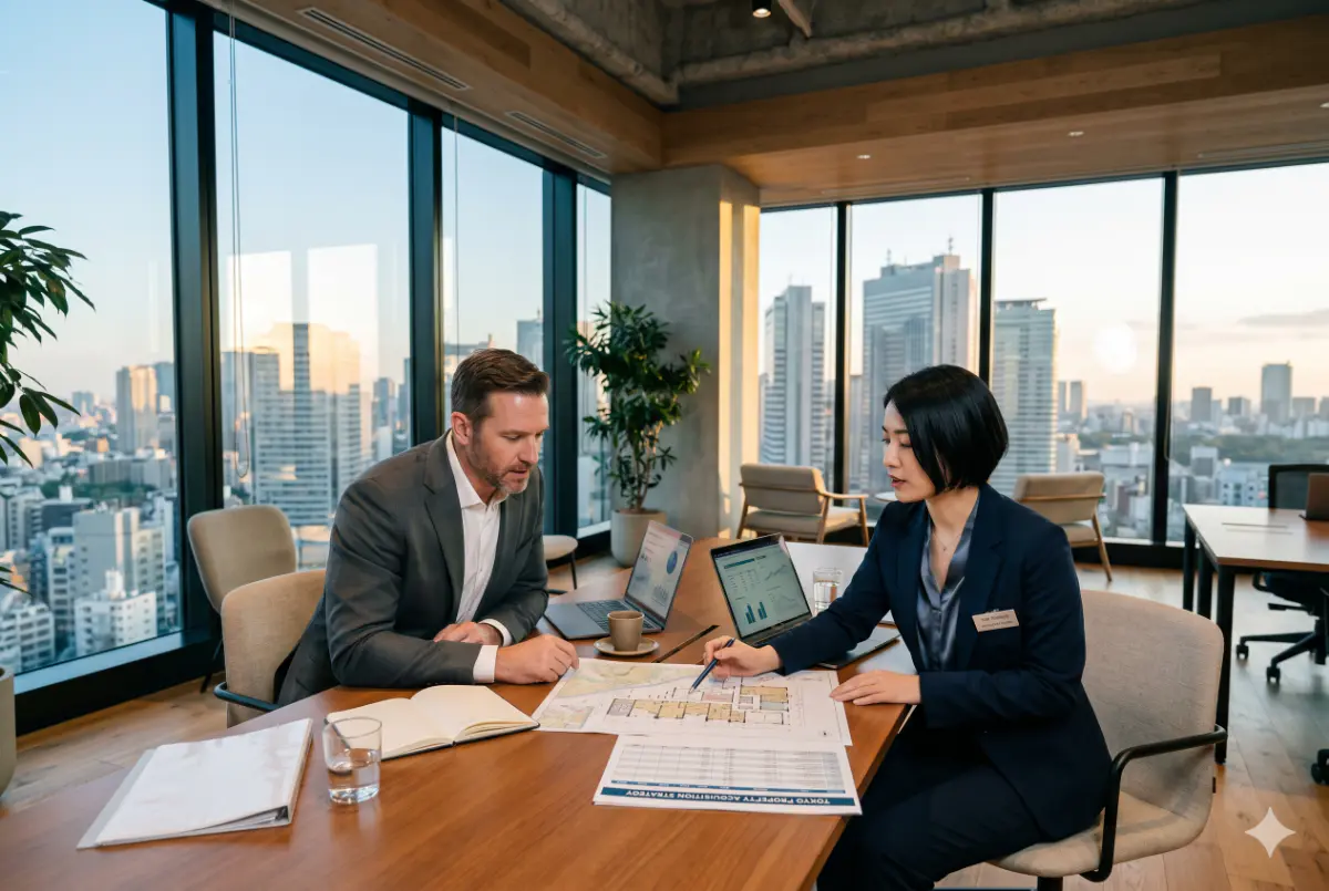 International investor reviewing Tokyo apartment purchase costs and real estate documents